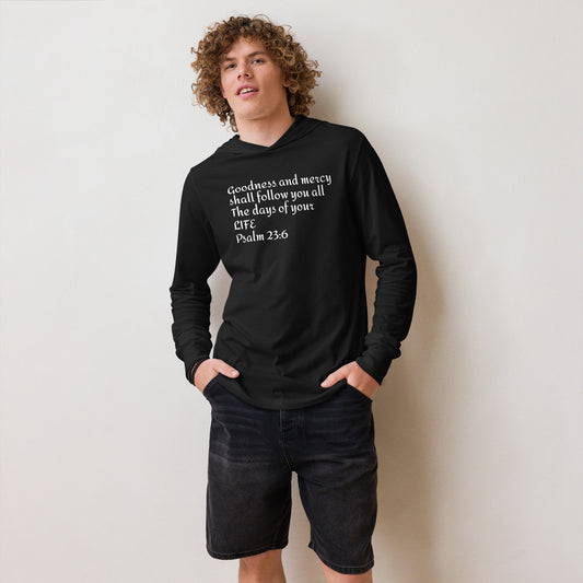 GOODNESS and MERCY hooded long-sleeve tee