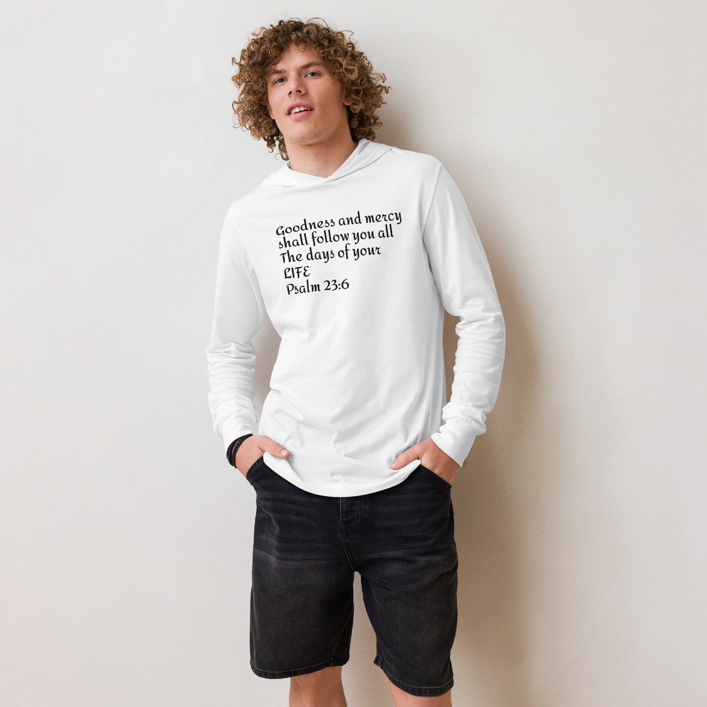 GOODNESS and MERCY hooded long-sleeve tee