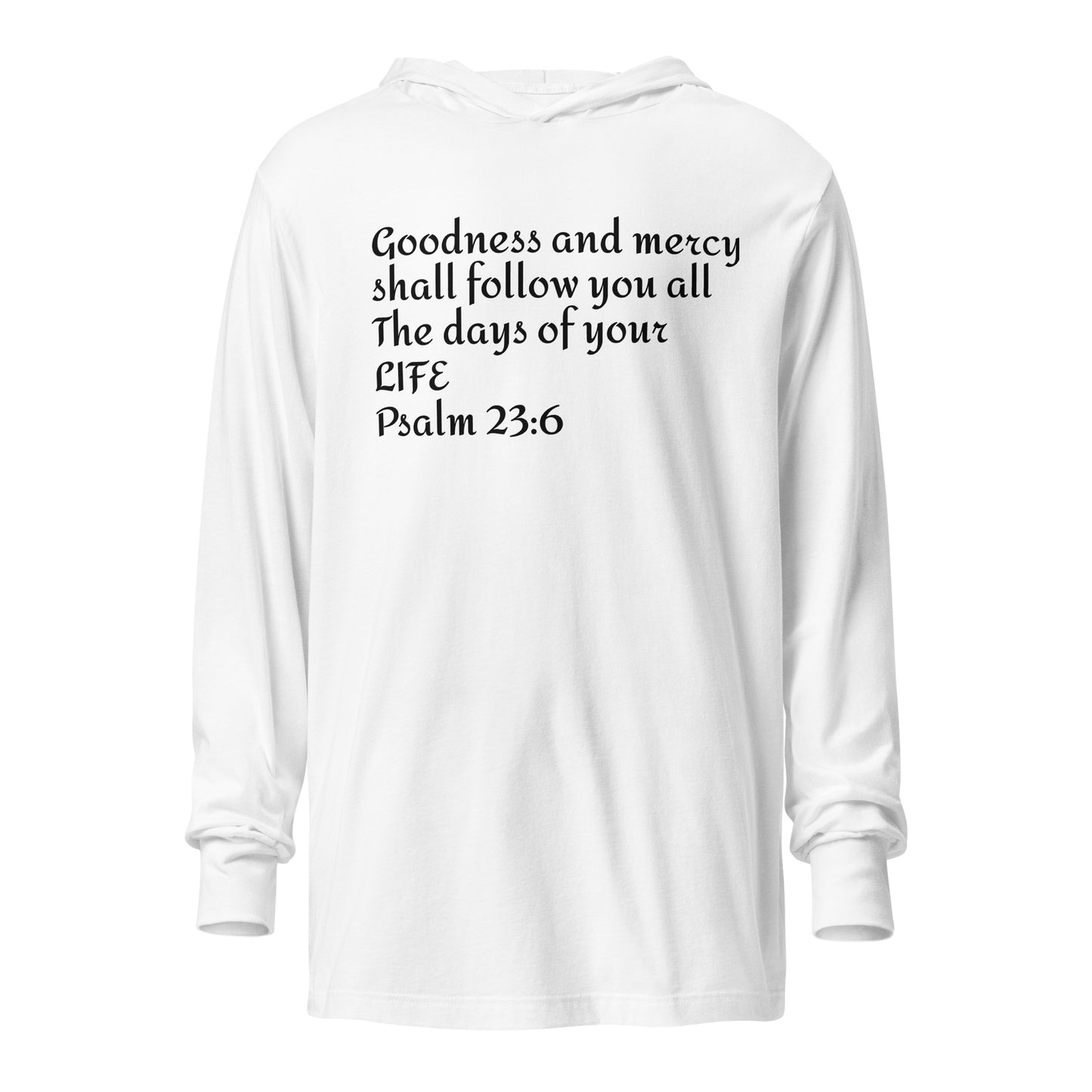 GOODNESS and MERCY hooded long-sleeve tee